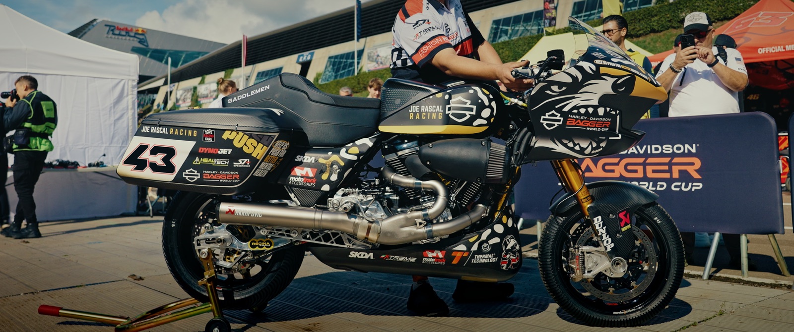 The #43 Harley-Davidson bagger in the paddock